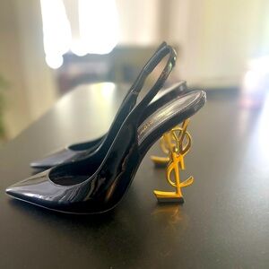 YSL black with gold heel sling back pumps